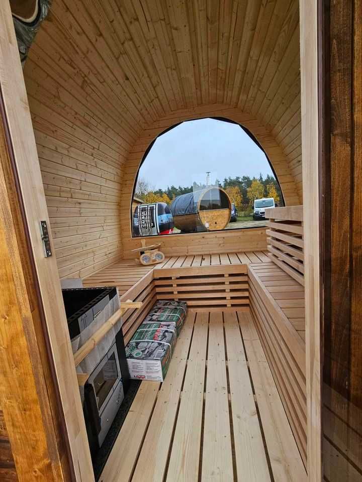Sauna ogrodowa z piecem opalanym drewnem piękna panorama