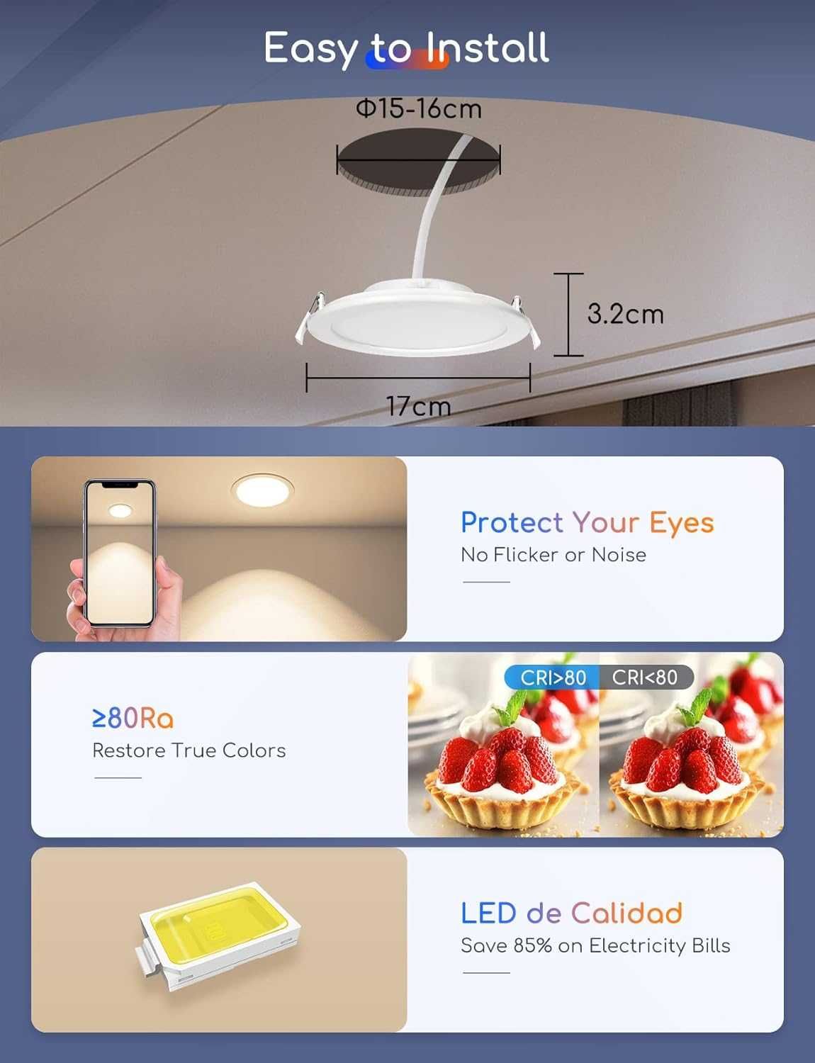 Kit de 2 LED foco embutido inteligente WiFi , ultra fina de 12 W