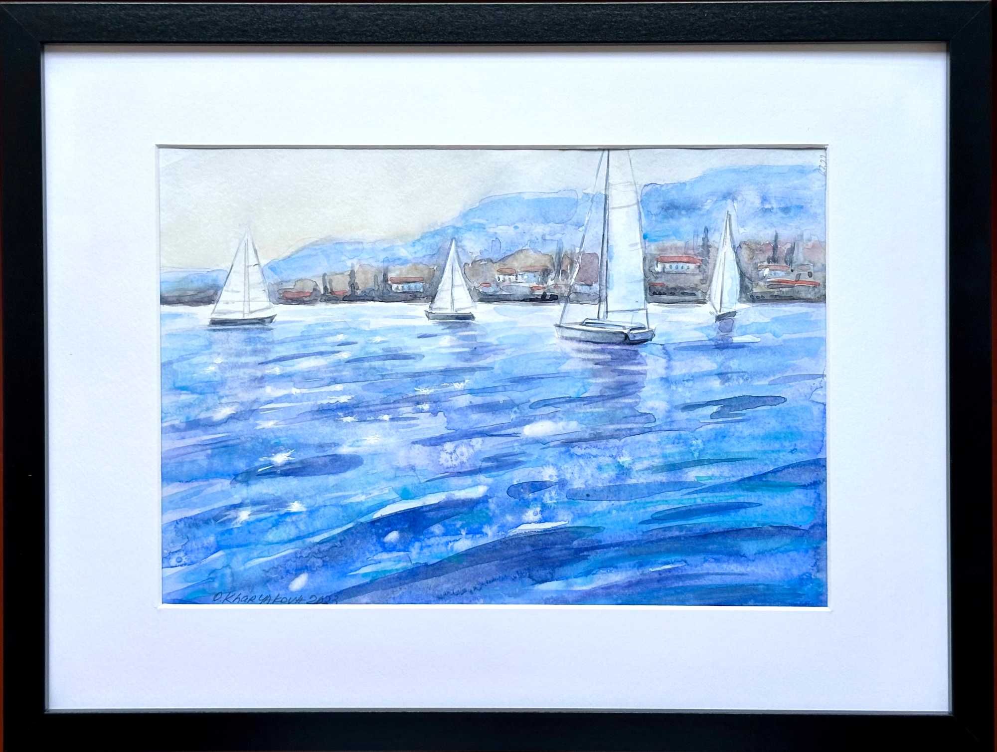 Pintura a aguarela com moldura, barcos/ framed painting, sailboats