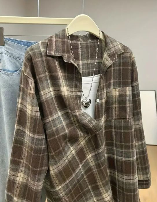 картата сорочка, рубашка в клітинку оверсайз коричнева