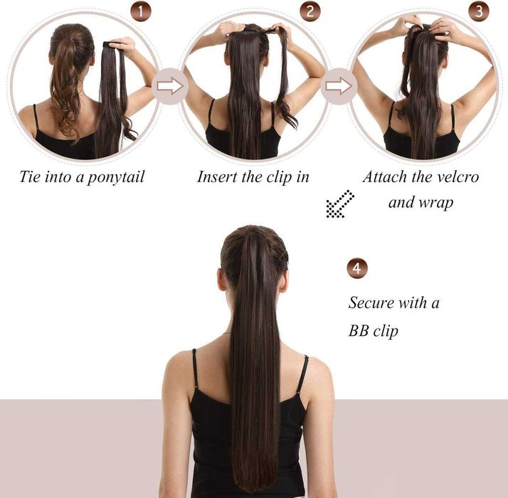 Doczepiany kucyk kitka 60 cm włosy proste bardzo ciemny brąz