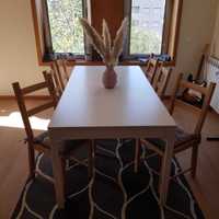 Mesa sala de jantar extensível branca + 6 cadeiras de madeira de pinho