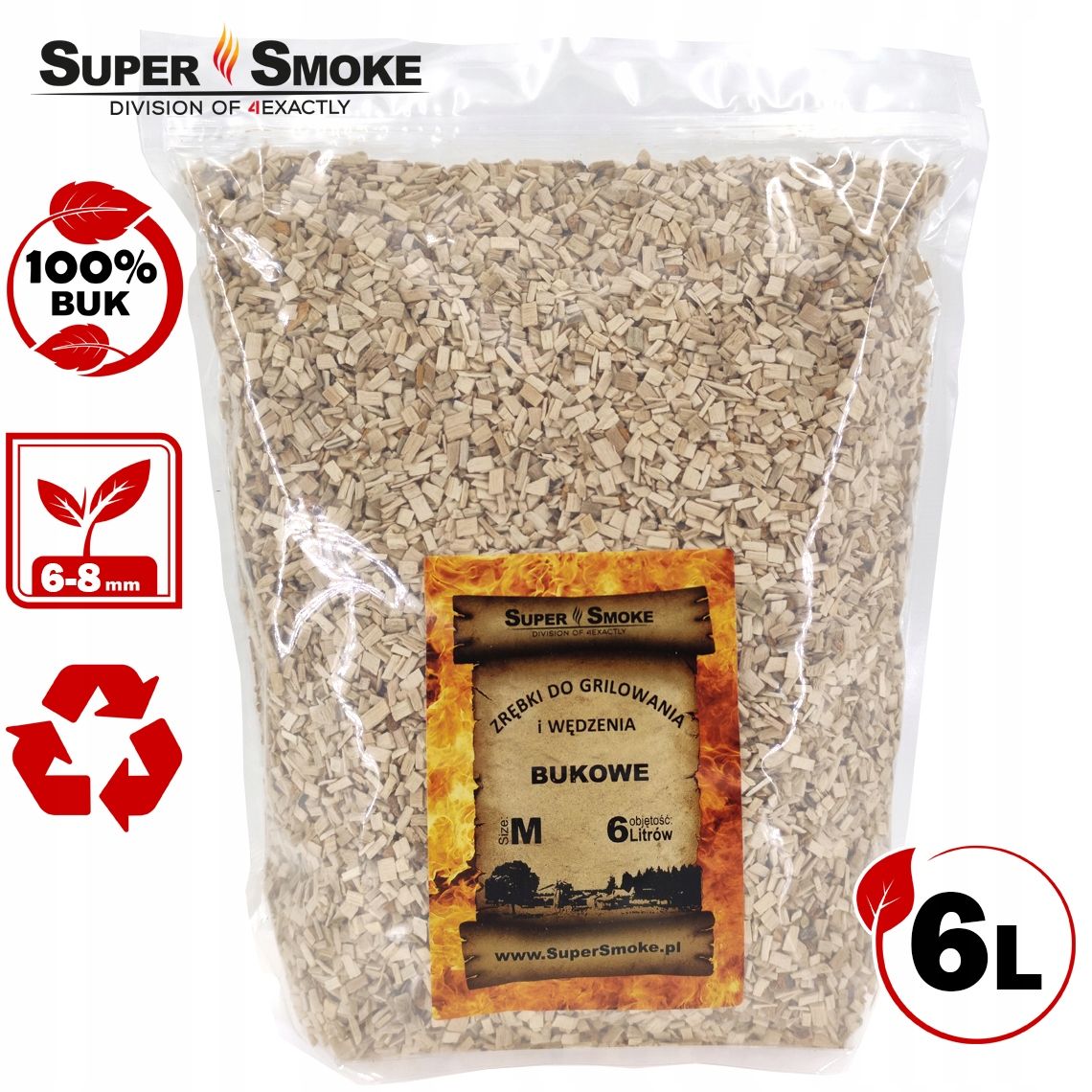 Zrębki Wędzarnicze Super Smoke BUK KL-08 (6-8mm) Medium 6L Doypack