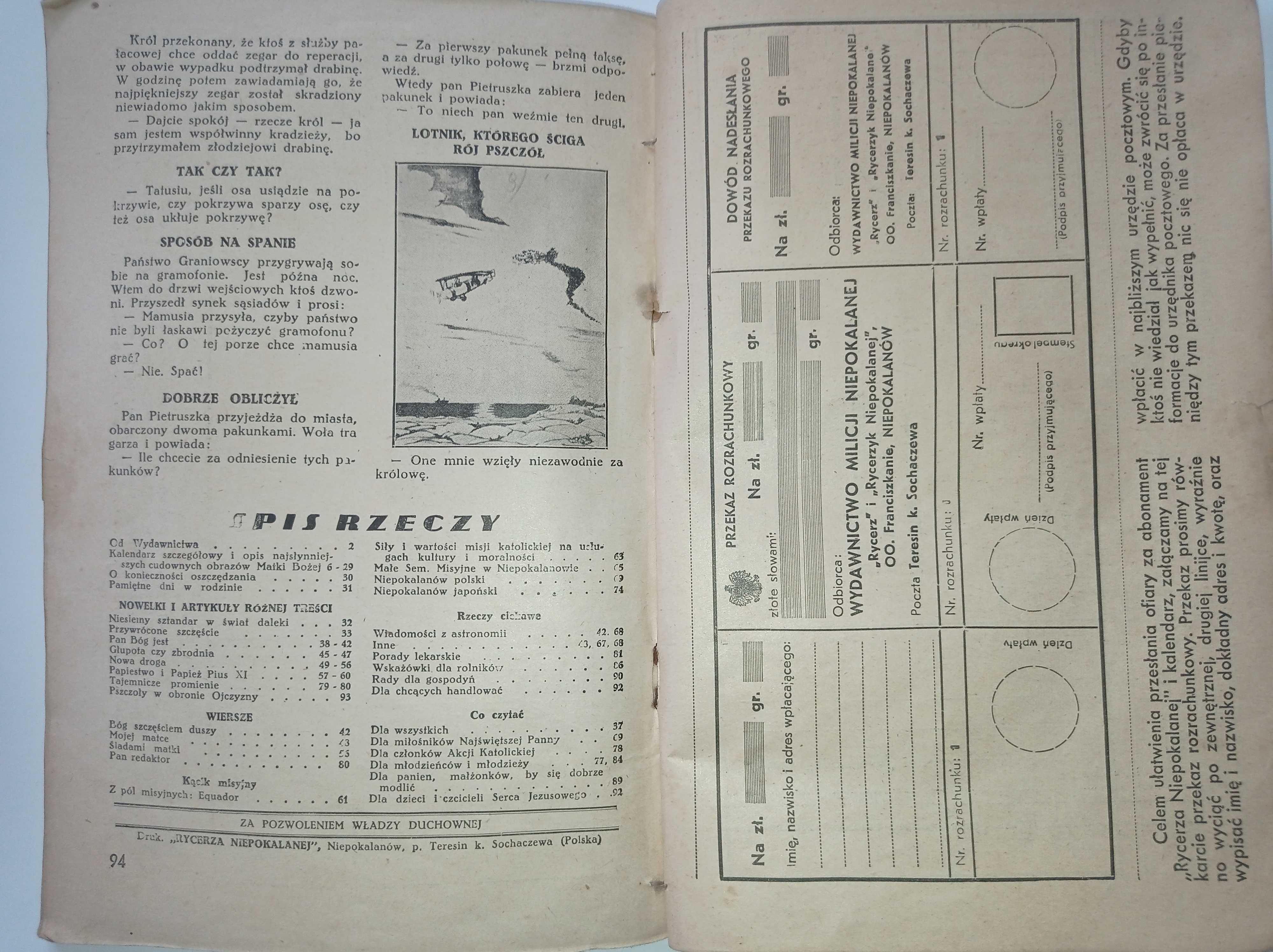 Kalendarz Rycerza Niepokalanej 1938 + Rycerz Niepokalanej 1945