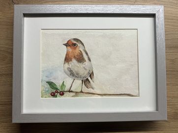 Obraz malowany akwarela ptaszek rudzik