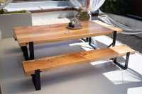 Stół z litego drewna 108x235 2 ławki Stare bale + Metal