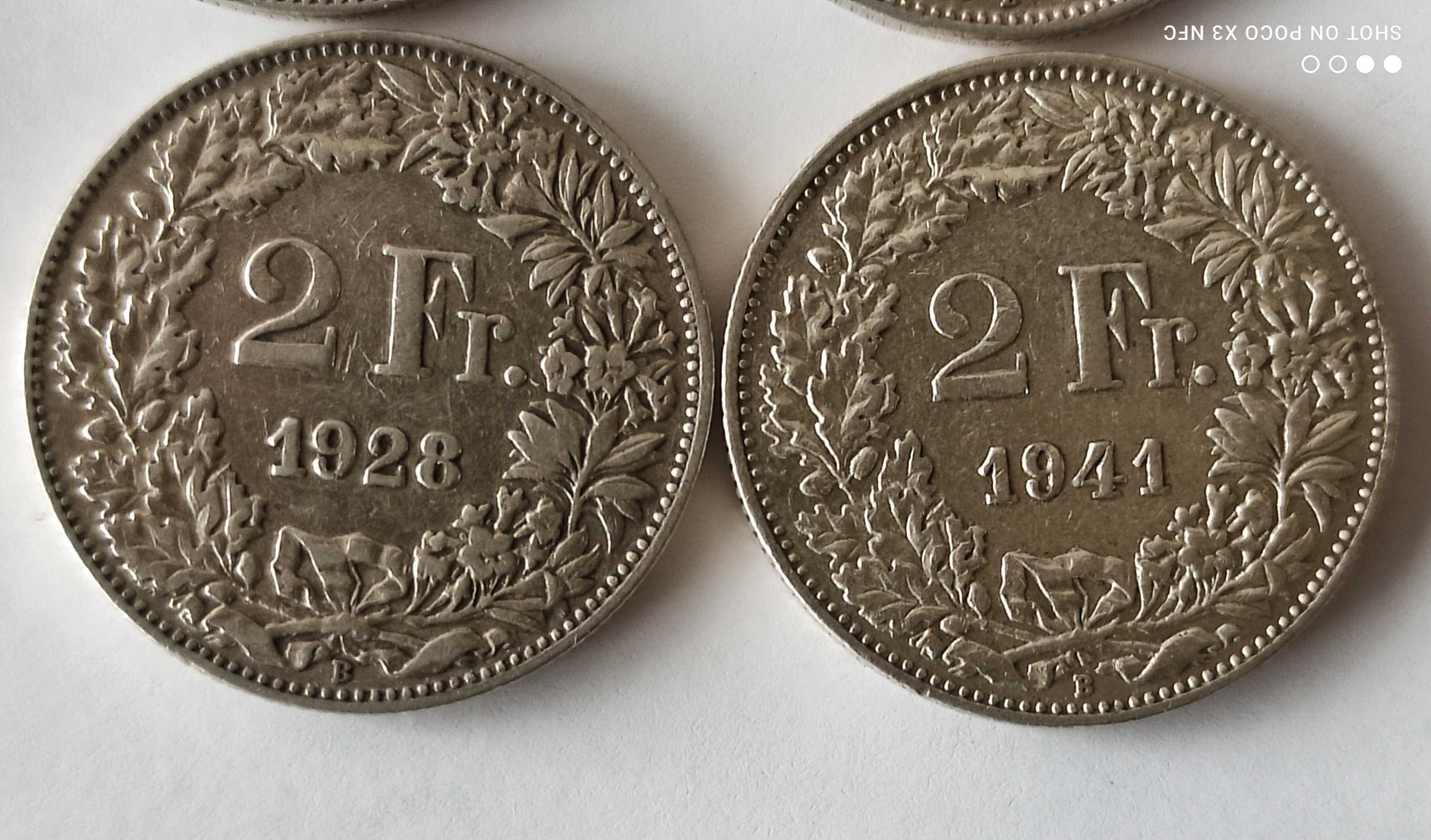 Monety srebrne zestaw 4 sztuk Szwajcaria 2 franki ładne srebro Ag