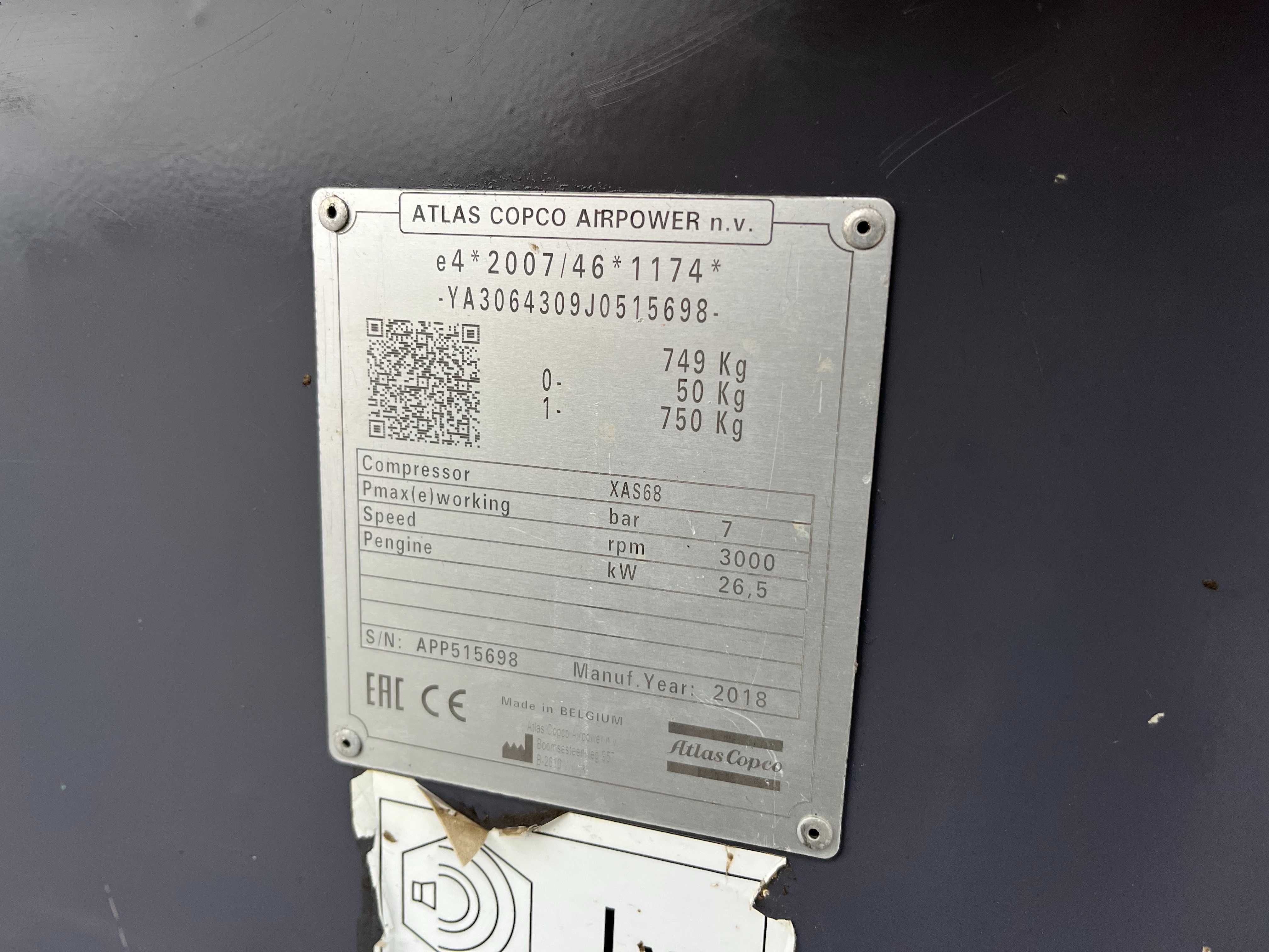 Kompresor przewoźny sprężarka Atlas Copco XAS68, 2018r, zarejstrowany