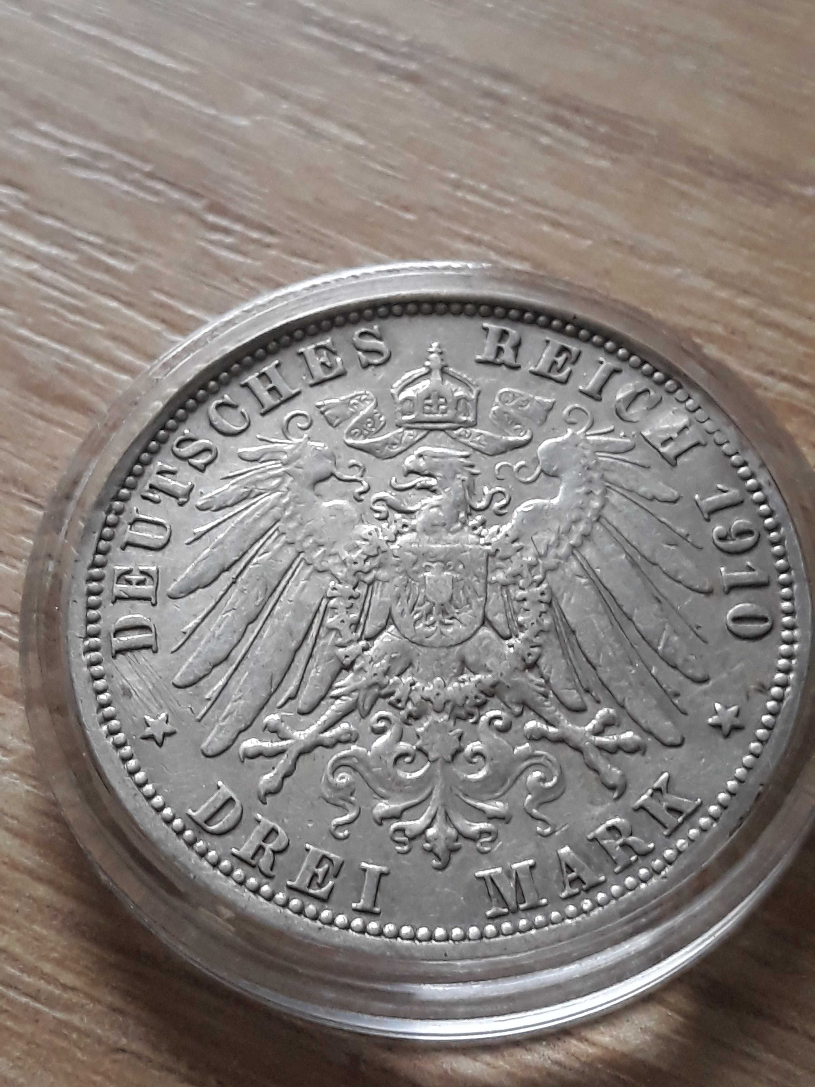 3 Marki Wilhelm II 1910 r. -Prusy - men A- Piękna - oryginał