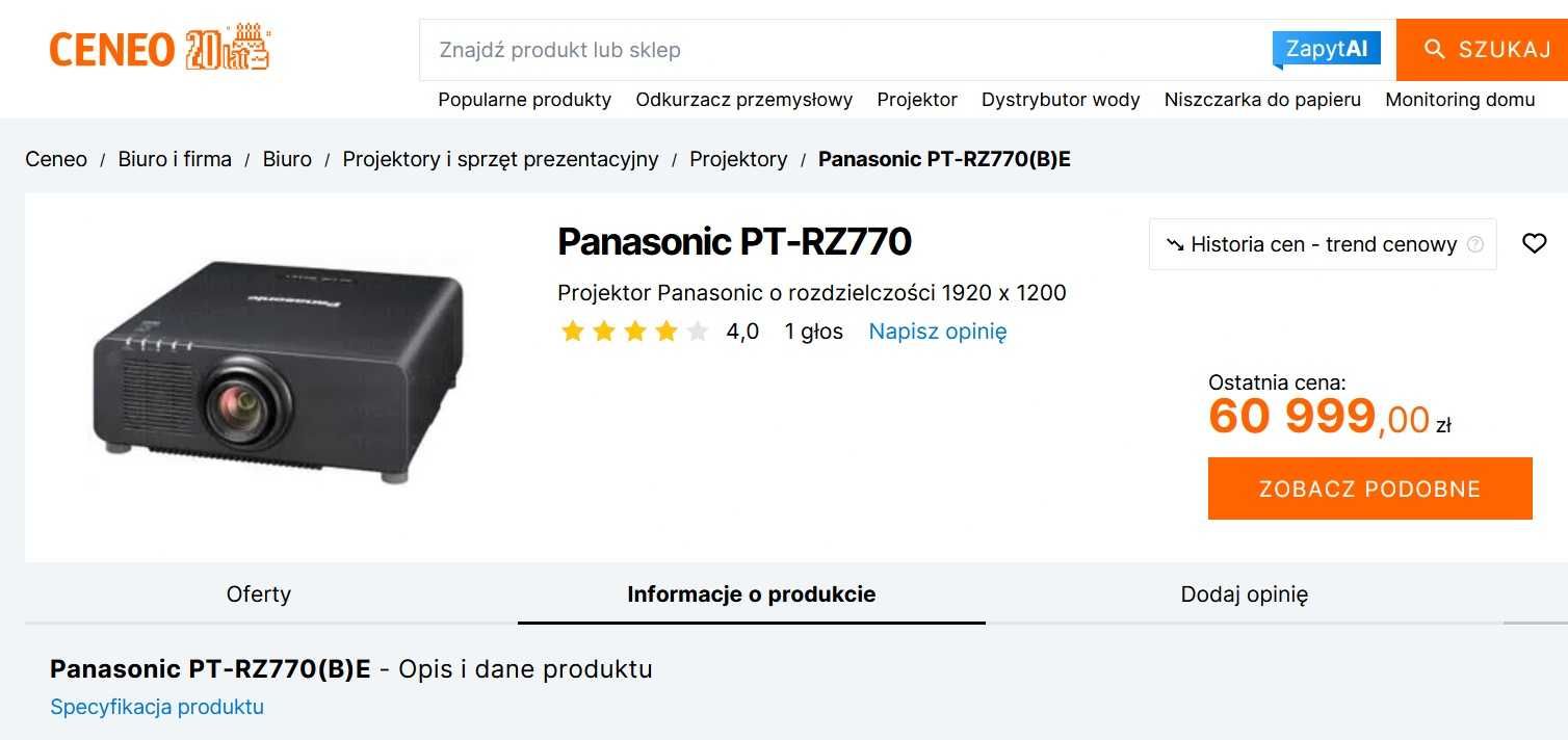 Projektor do kina domowego Panasonic PT-RZ770 DLP 7200lm HDMI Pilot