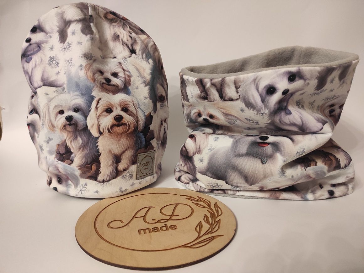 Komplet czapka komin Pieski psiaki Shihtzu zimowy ocieplany