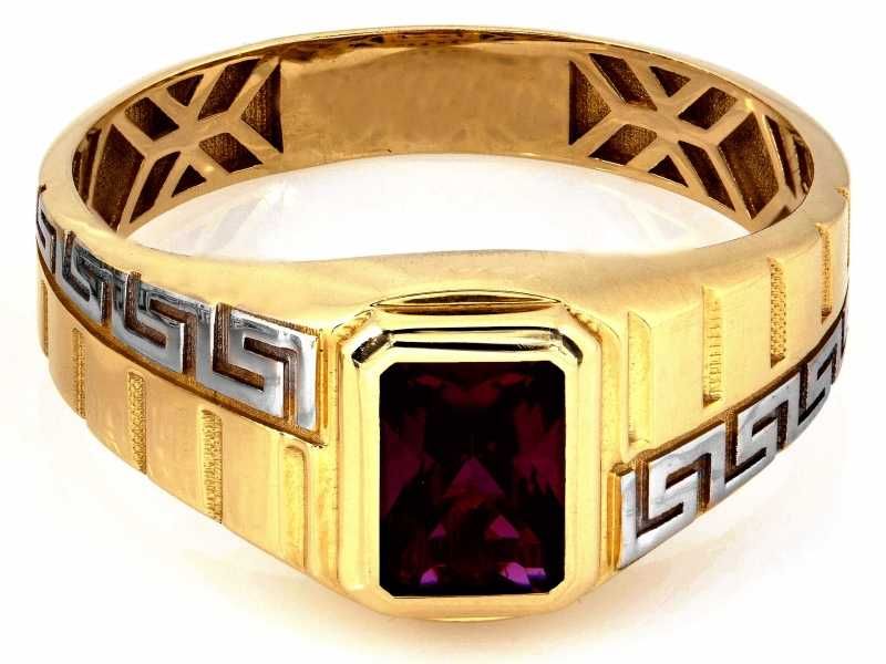 Sygnet złoty czerwonym oczkiem i greckim wzorem unisex PR 585