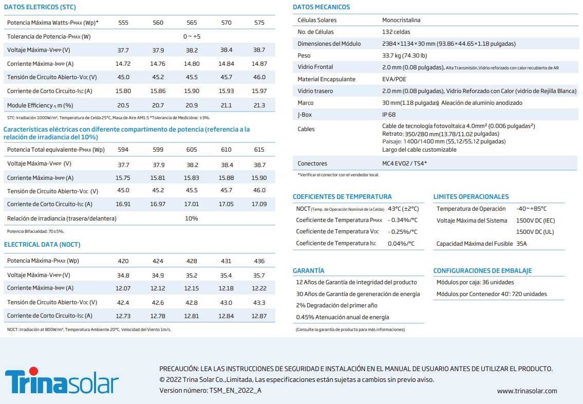 Módulo Solar Fotovoltaico BIFACIAL - TRINA SOLAR 570W