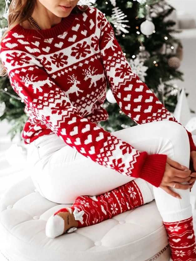 Miękki świąteczny ciepły sweter na święta w renifery śnieżynki