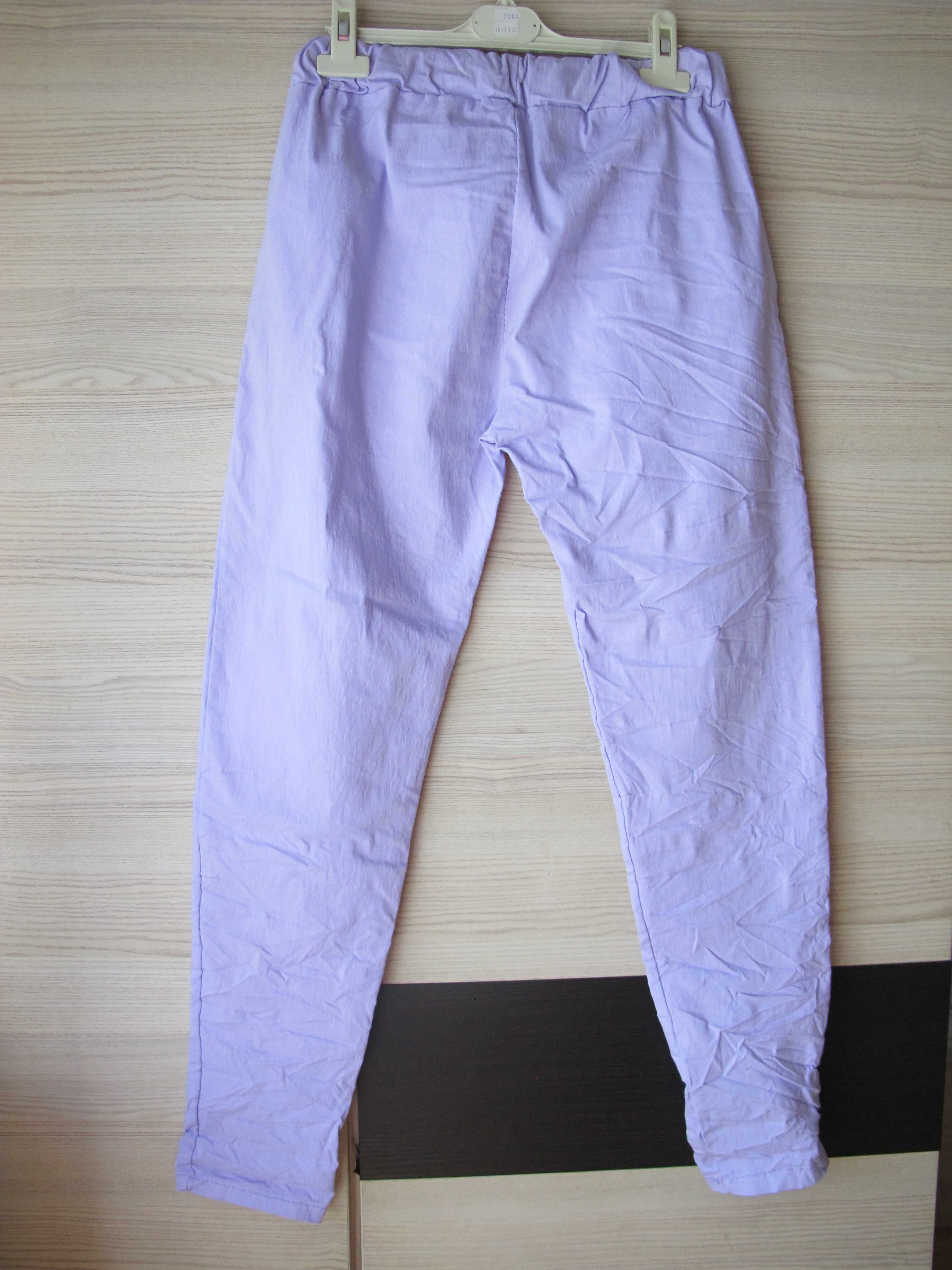 nowe liliowe spodnie gnieciuchy cekiny 44 dżety rozciągliwe damskie