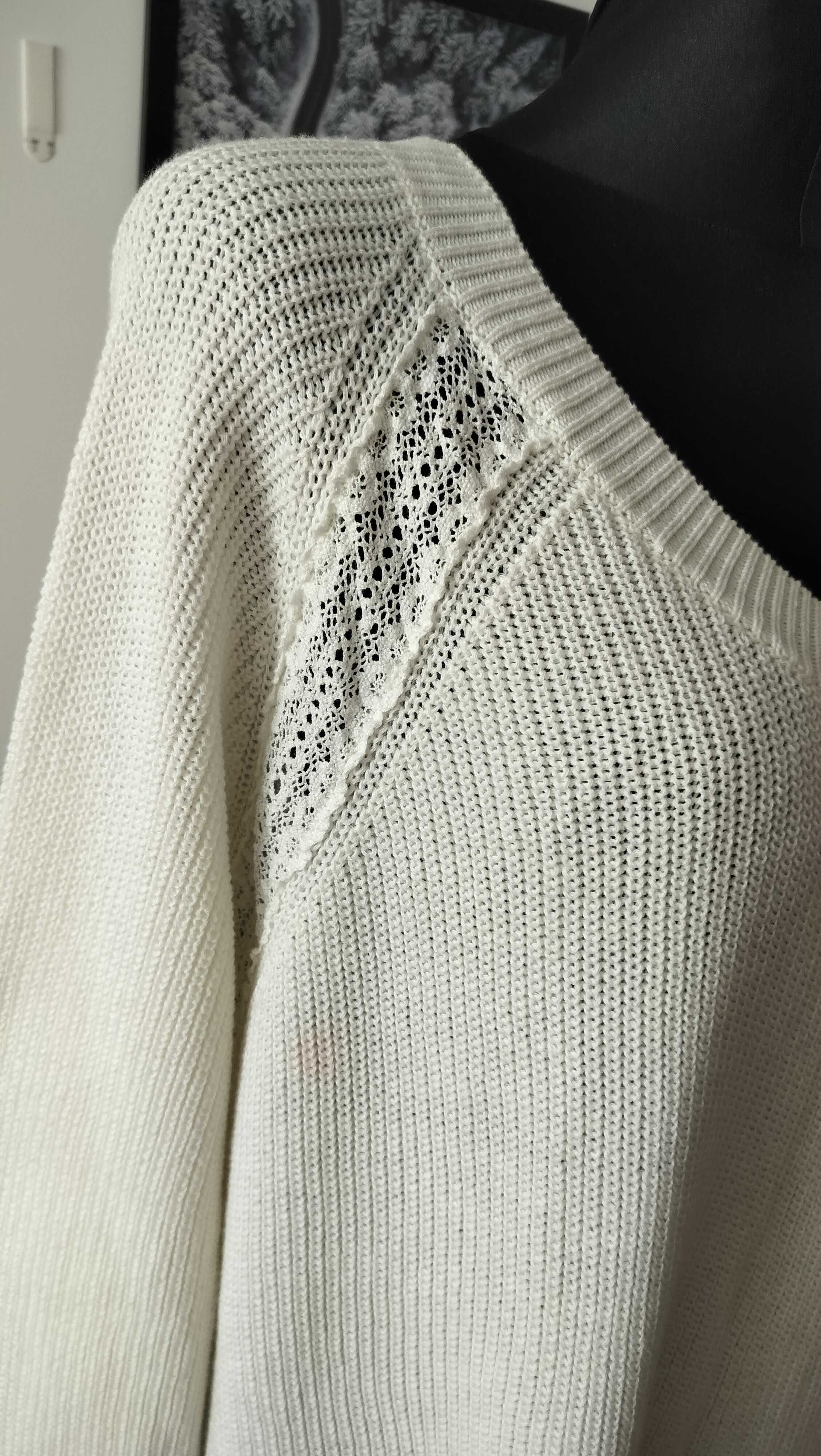 Sweter damski 48 Ulla Popken szykowny wstawki koronkowe bawełna ekri