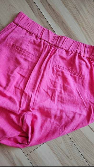 Komplet letni lniany spodnie wide leg fuksja boho Stradivarius M 38
