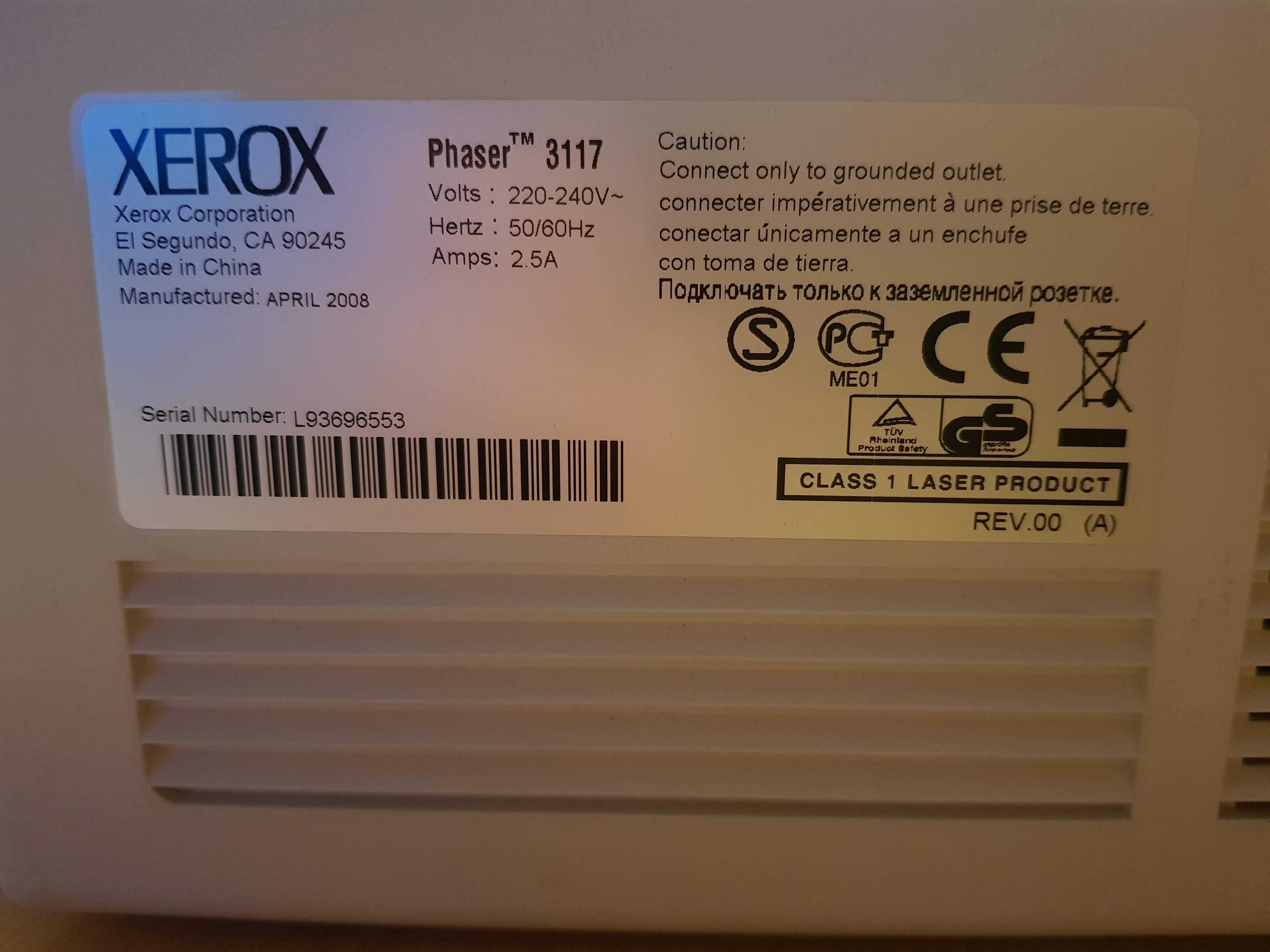 Drukarka Xerox Phaser 3117 bez tonera, z kablami