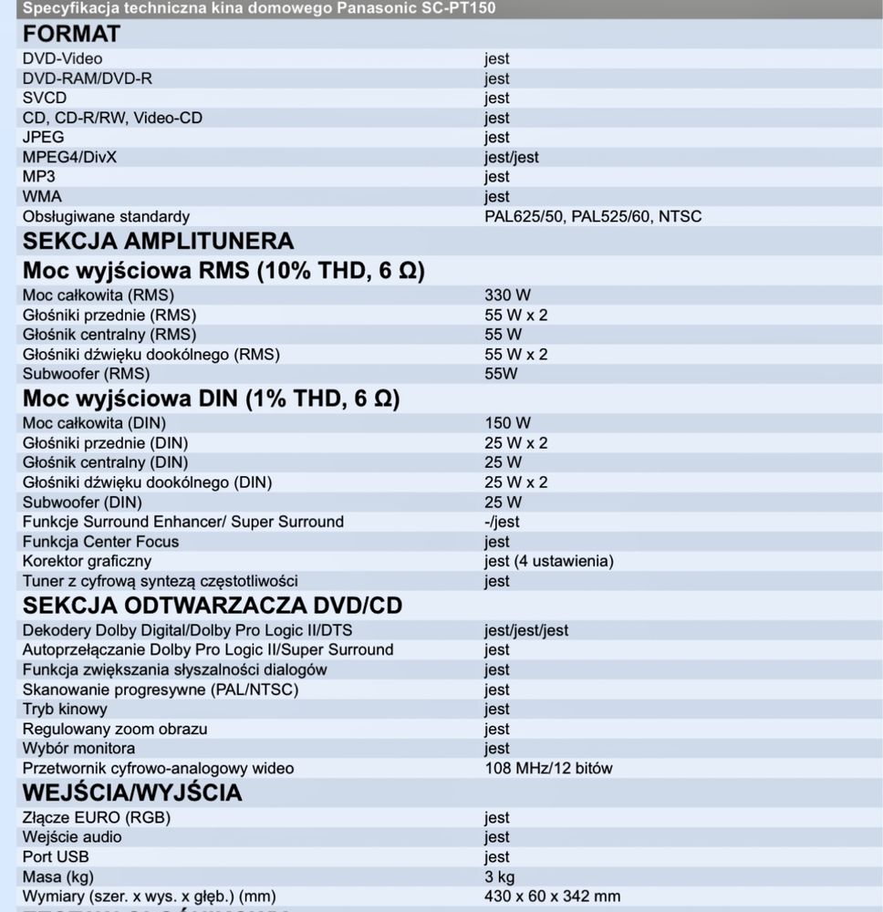 Kino domowe Panasonic SA-PT150