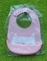 Silikonowy śliniak z kieszonką kot różowy