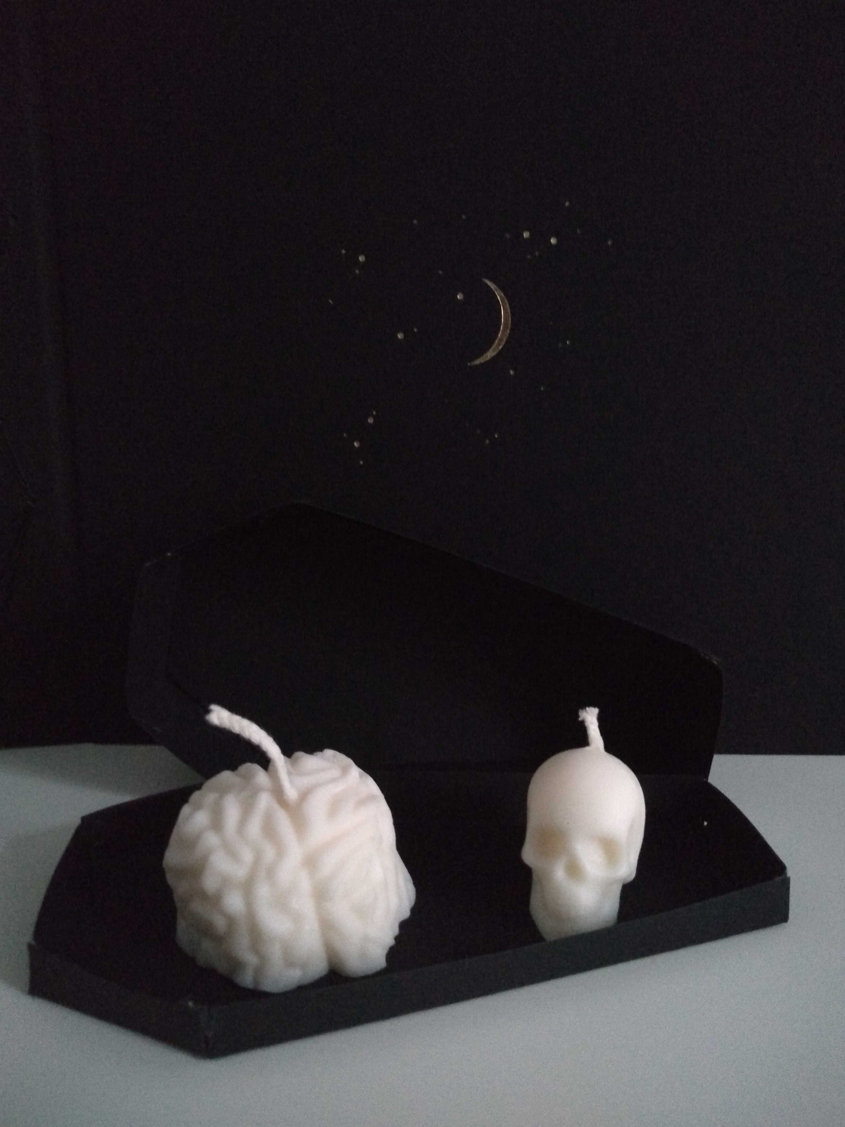 Handmade świeczki mózg i czaszka w trumnie halloween