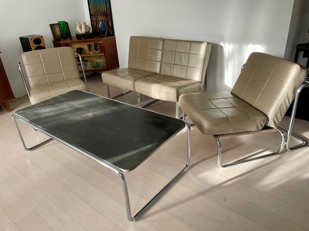 BAUHAUS, Skandynawski design lata 70 80 - dwa fotele, sofa i stół