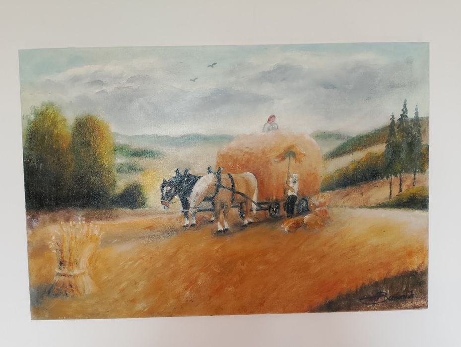 Obraz wóz z końmi i sianem