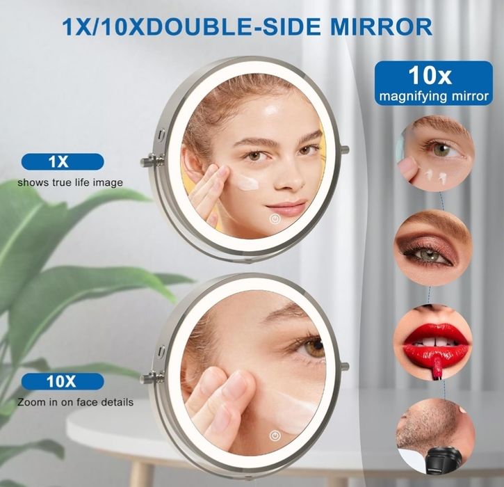Lusterko kosmetyczne LED z powiększeniem 1x/10x, 3 barwy światła
