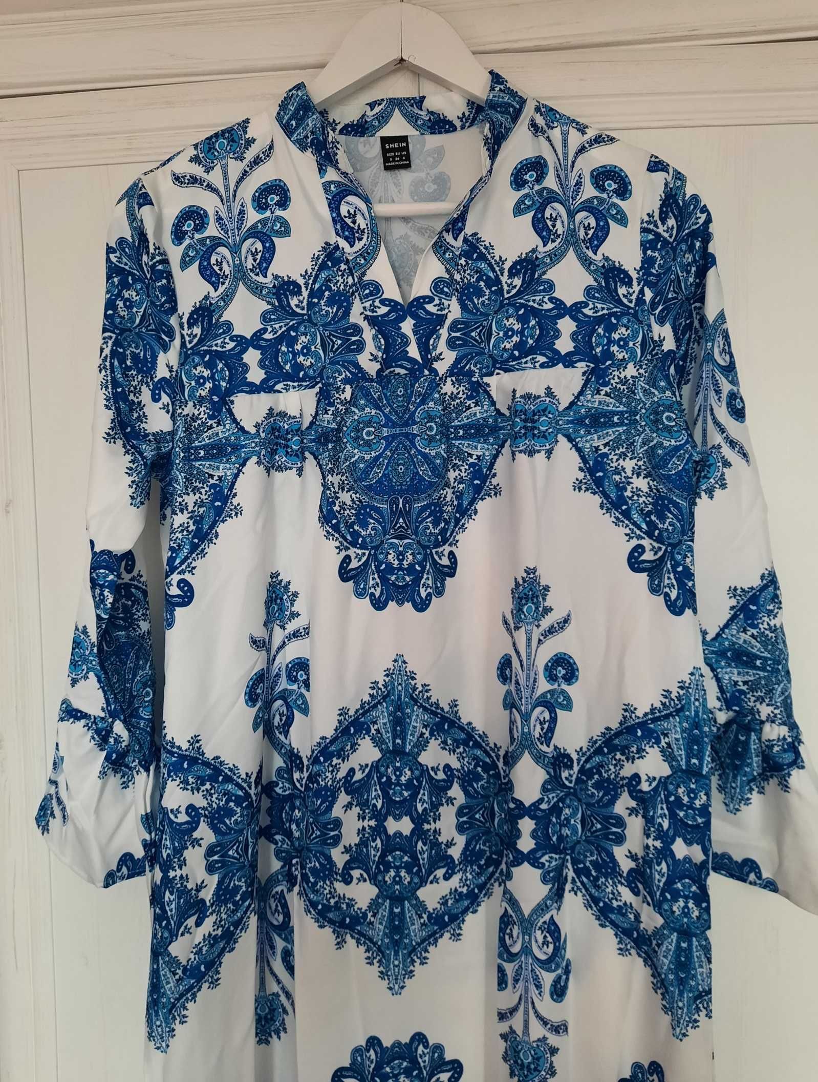 Shein nowa urocza boho wzór grecki midi sukienka biała niebieska S