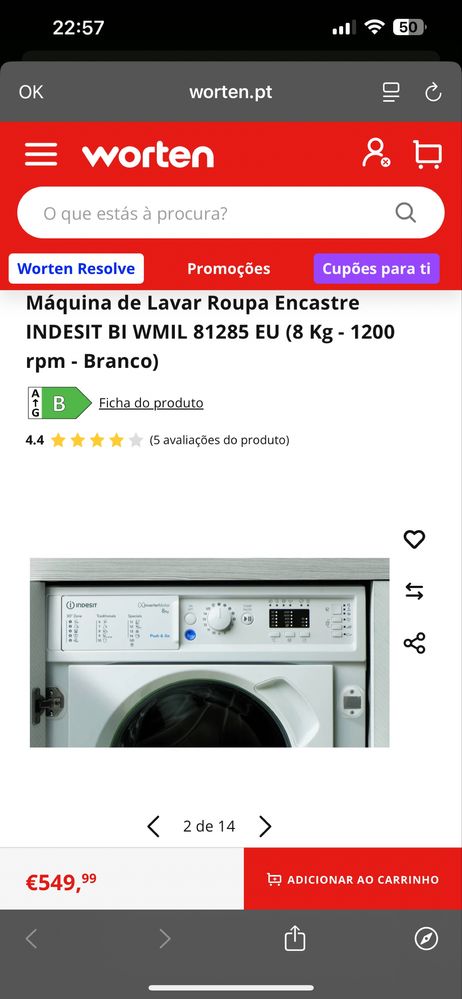 Máquina de Lavar Roupa Encastre Indesit 8kg