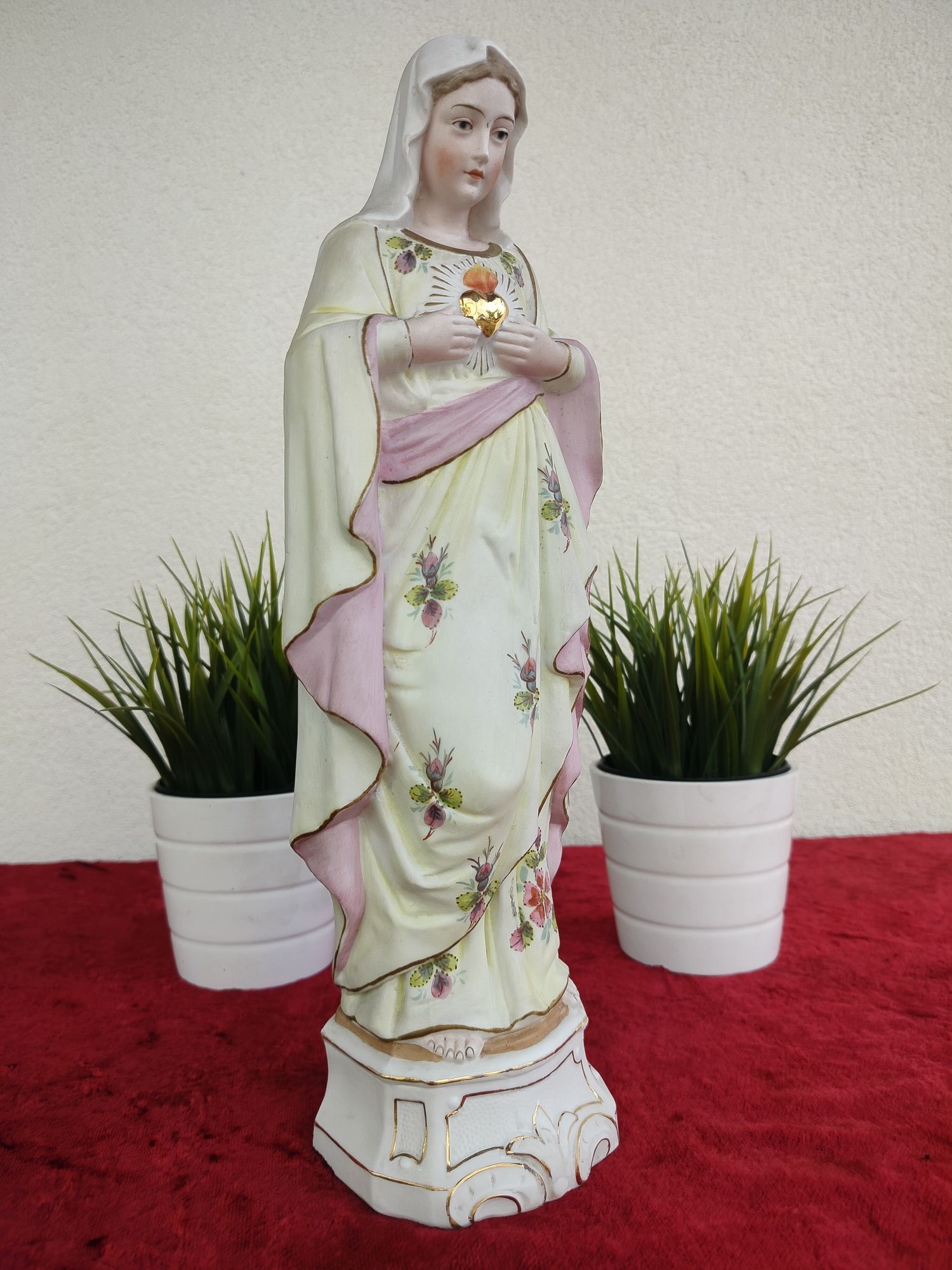 Stara piekna duza Biskwitowa figurka Serca Maryi Matka Boska porcelana