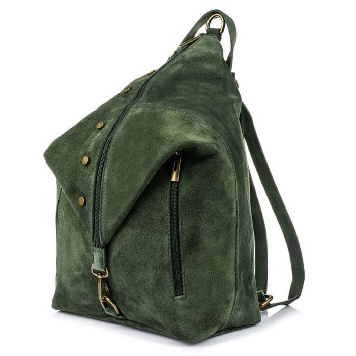 VERA PELLE plecak zamszowy elegancki z ćwiekami V409 c.zielony