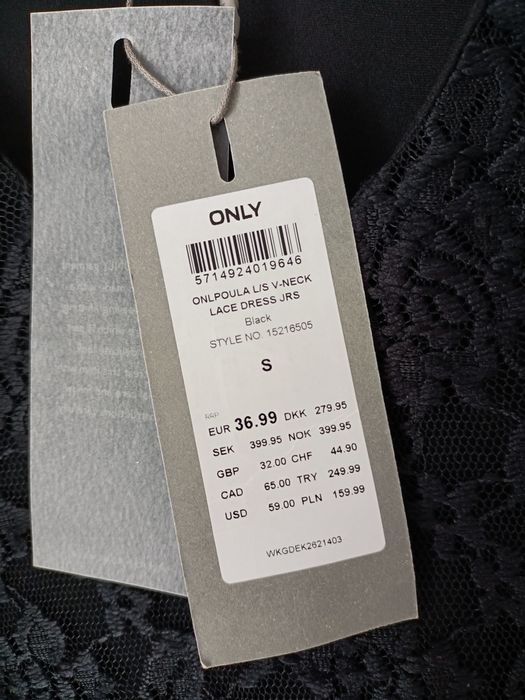 Elegancka sukienka koronkowa midi, czarna z długim rękawem Only