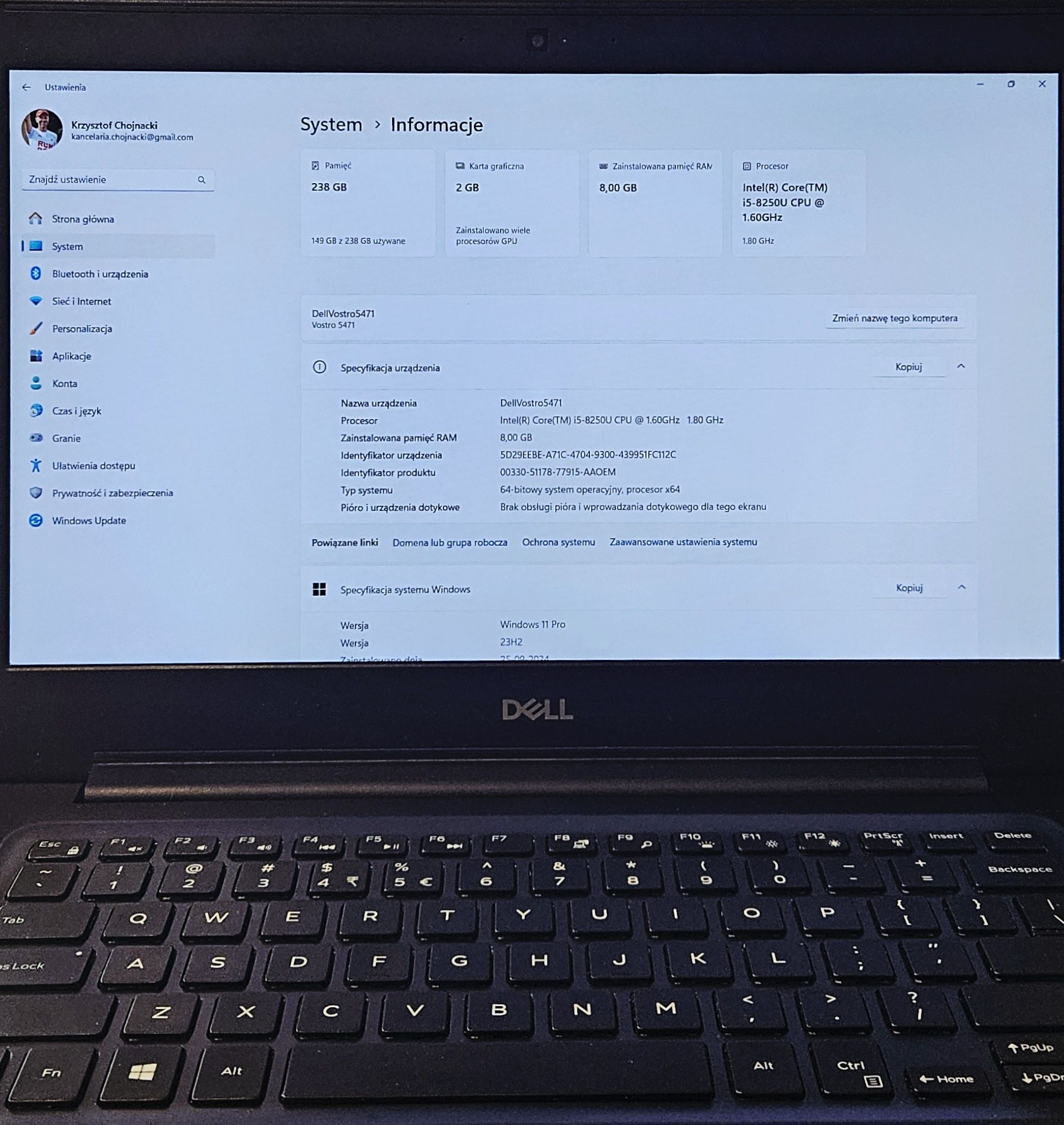 Laptop Dell Vostro-5471 i5-8250U/8Gb/256ssd/Win11P nowa klaw. i bateri