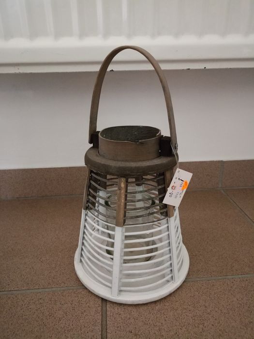 Lampion ozdobny drewno szkło metal vintage