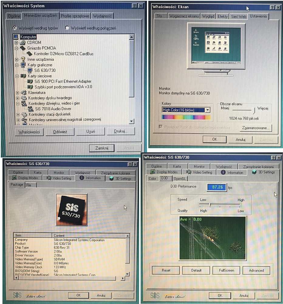 Laptop Celeron 1GHz 128MB Win98 Open GL- Retro Granie