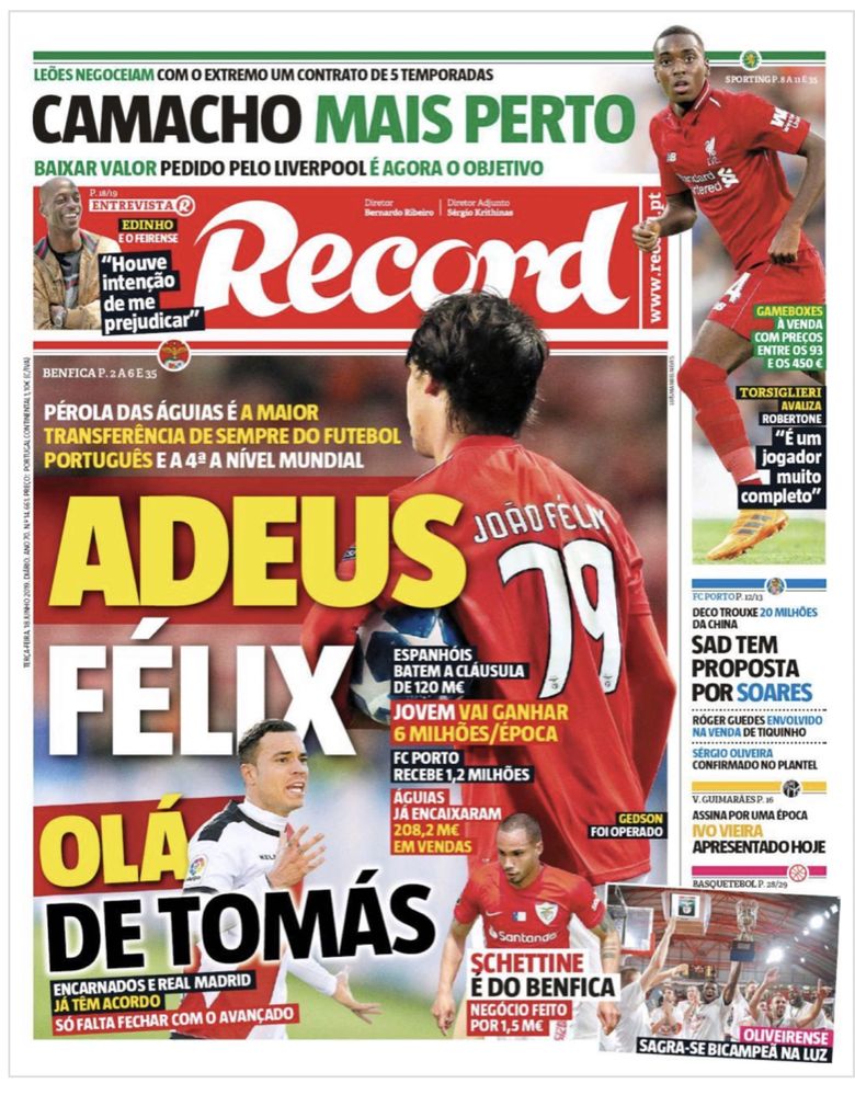 Jornal a Bola e Record - venda milionária de João Félix