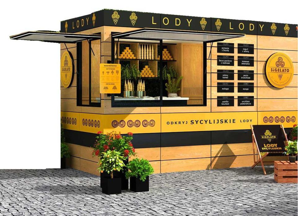 Nowoczesna przyczepa gastronomiczna do sprzedaży lodów.
