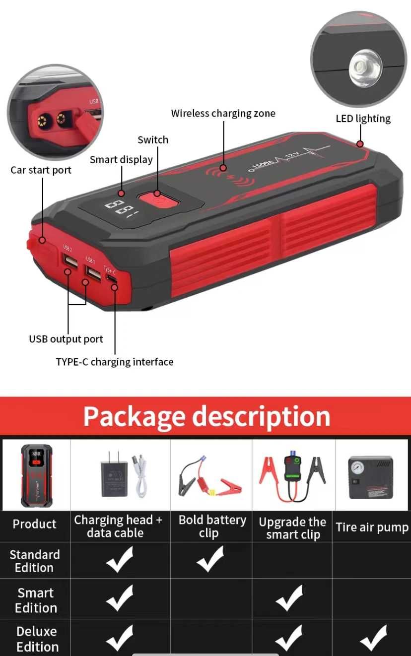 Booster Arranque Baterias 12V  1500A Power Bank USB 20.000 mAh (NOVO)