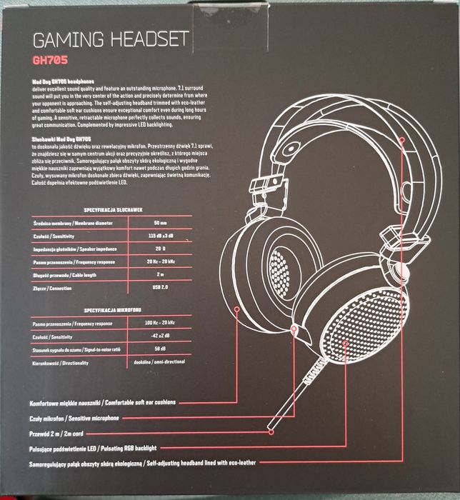 Słuchawki Gamingowe MAD DOG GH705 Nauszne z Mic  Nowe Na Gwarancji USB