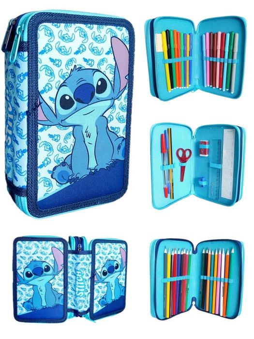 Piórnik szkolny z wyposażeniem trzykomorowy Stitch