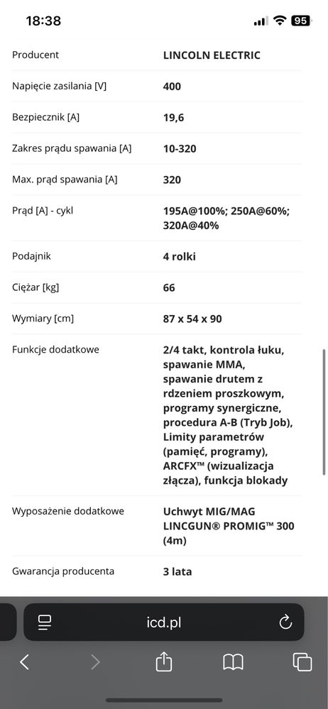 Spawarka lincoln powertec I320C advanced z uchwytem MIG/MAG
