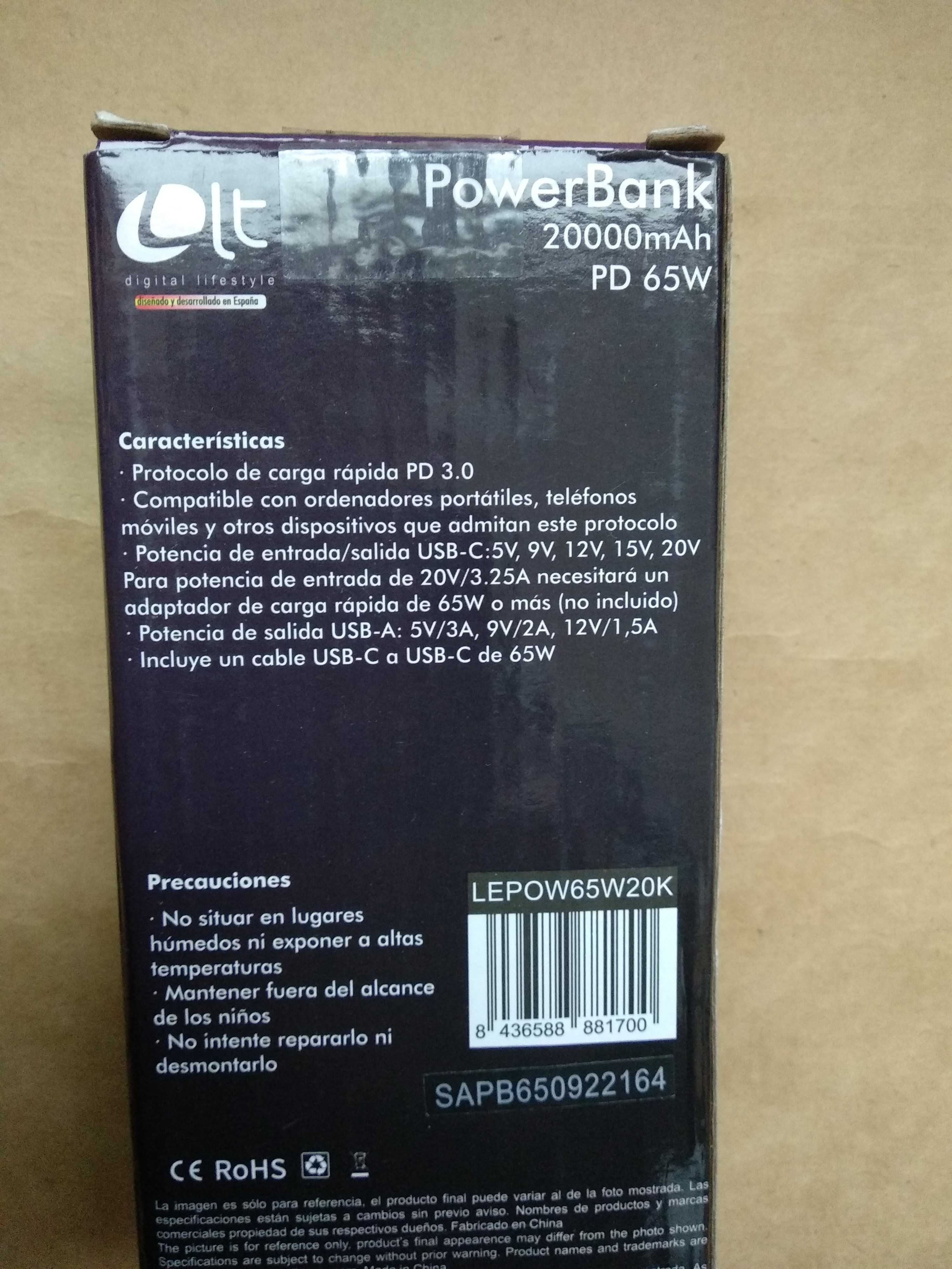 PowerBank 20000mAh USB-C PD 65W для ноутбуків, планшетів, телефонів.