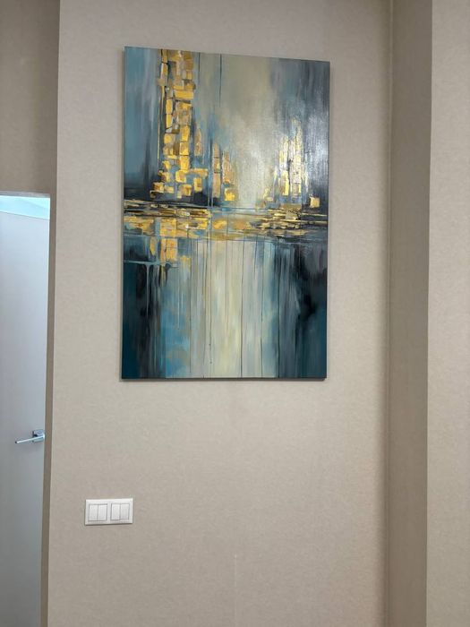 Картина 120х60, абстракция, закат, поталь, золото, холст, акрил