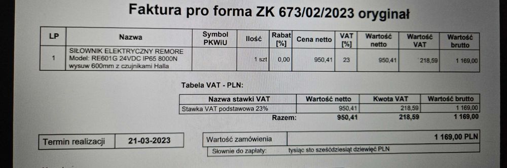 SIŁOWNIK ELEKTRYCZNY  wysuw 600mm z czujnikami Halla
