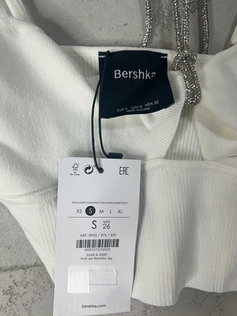 crop top biały Bershka S nowy z metkami kryształki brokat wakacje