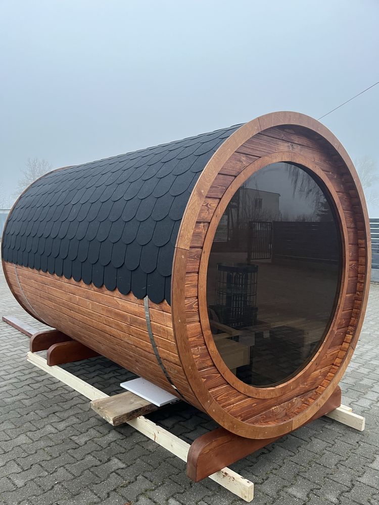 Sauna Ogrodowa Beczka 300cm z Przedsionkiem i Piecem Elektrycznym