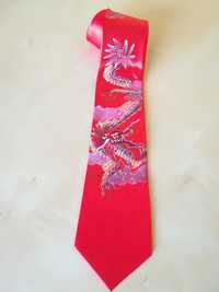 Orientalny krawat z motywem smoka, czerwony