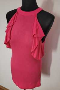 Orsay Nowa różowa bluzka bez rękawów falbanki zakryty dekolt