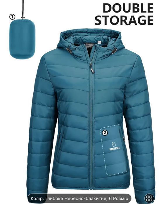 Жіноча,легка пухова куртка з капюшоном на блискавці,стьогана,зимова